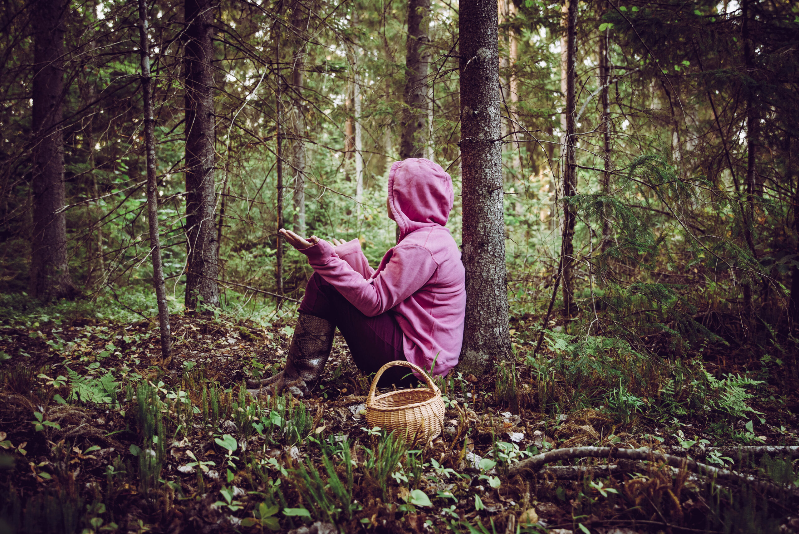 Student connecting with nature in the woods.