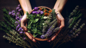 clinical herbalist holding a basket of herbs